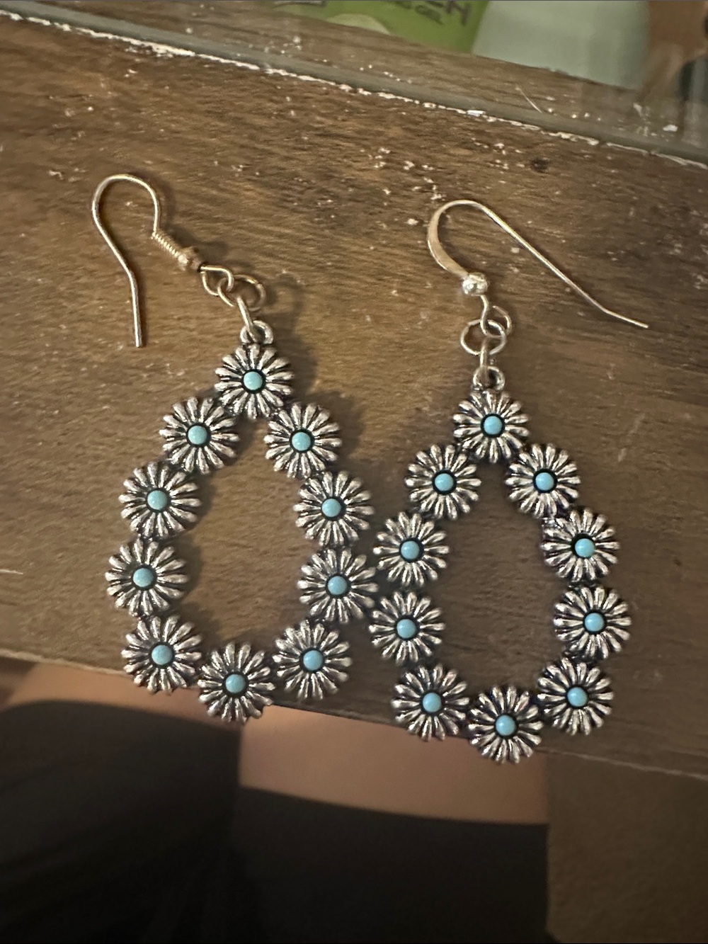 Silver Daisy Teardrop Earrings with Turquoise Accents